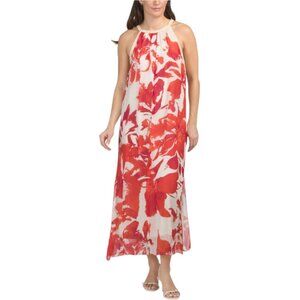 ROSEMARINE Made In Italy Silk Blend Halter Neck Maxi Dress With Metallic Trim